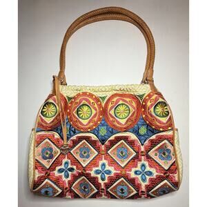Rare BRIGHTON Embroidered Satin/Canvas /Leather Large Tote